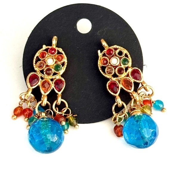 Ethnic Indian Wear Jewelry - Colorful Indian Gold and Blue Teardrop Earrings with Turquoise Bead